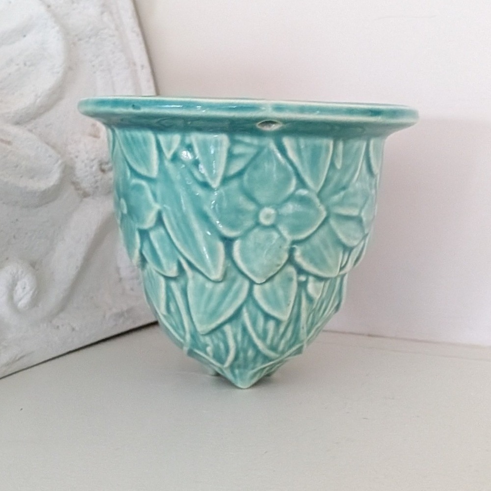Vtg Rare McCoy Teal Green Turquoise Ceramic Tri-Chain Hanging Planter Pottery